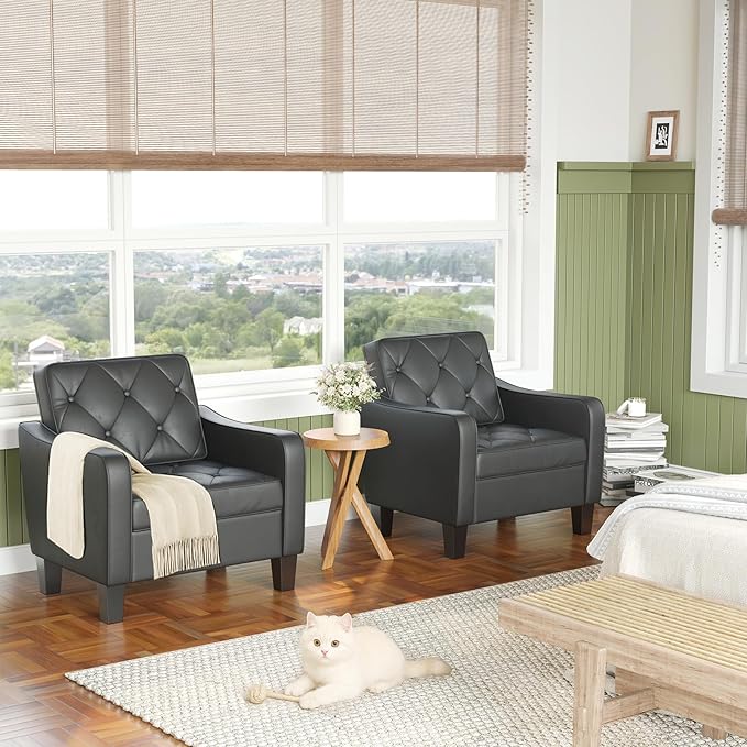 STHOUYN Living Room Arm Chairs Set of 2 Black Faux Leather Accent Chair Waiting Room Chairs Office Reading Chair for Guest (2 Black)