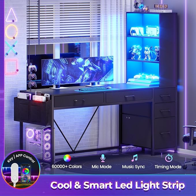 SEDETA Computer Gaming Desk with 5 Drawers and Bookshelf Reversible Home Office Desk with Storage Shelves and File Drawer Corner Desk with LED Lights for Small Spaces Black
