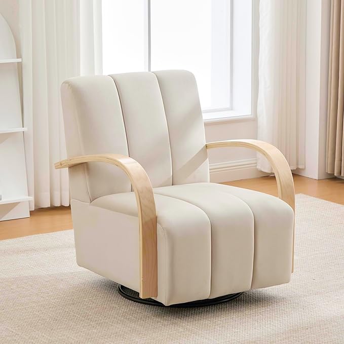 KEIKI 30.3 W Upholstered Swivel Accent Chair Modern Velvet Sofa Chair with Solid Wood Armrests and Channel Tufted Back Single Sofa Armchair for Living Room Bedroom Office Beige