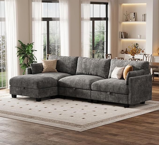 Modular Sectional U Shaped Sofa Couches for Living Room Cloud Couch with Storage Ottoman Comfy Chenille Sofa with Pillow Dark Gray
