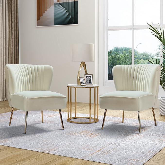 TINA'S HOME Velvet Accent Chair Set of 2 with Metal Golden Legs Upholstered Armless Slipper Chair with Wingback Mid Century Side Chair for Living Room Bedroom Vanity- Ivory