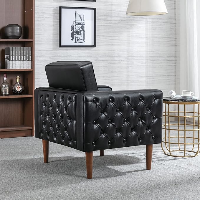 BFZ Modern Button Tufted Armchair with Wood Legs PU Faux Leather Accent Chair Comfy Upholstered Single Sofa Lounge Chair Club Chair for Reading Living Room Bedroom