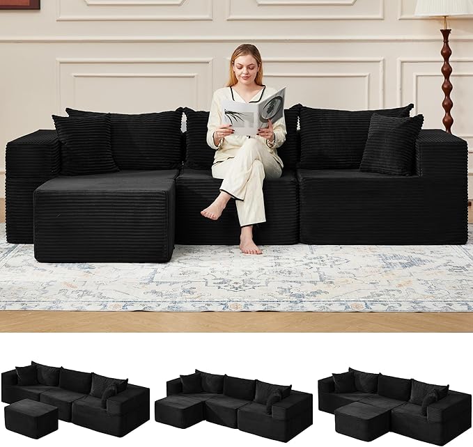 HOMREST 102 Cloud Couch Sectional L Shaped Modern Sofa with Ottoman Comfy Corduroy Fabric Modular Sectional Sofa in a Box Boneless Couches for Living Room No Assembly Required (Black)