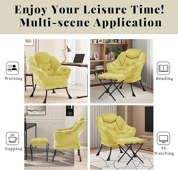 Lazy Chair with Ottoman Comfy Accent Lounge Chair with Side Pocket Modern Reading Armchair with Footrest Upholstered Sofa Chair for Small Spaces Bedroom Living Room Dorm Yellow