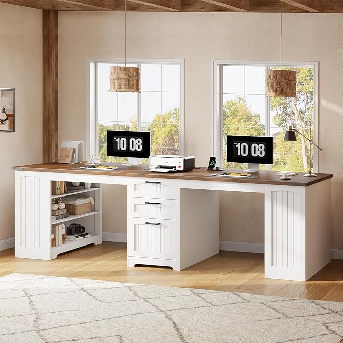 HOOBRO 94.5 Computer Desk with Power Outlet 2 Person Office Desk with Drawers Farmhouse Double Desk for Home Office A4/Letter Size Adjustable Shelves White and Walnut WH240UDN01