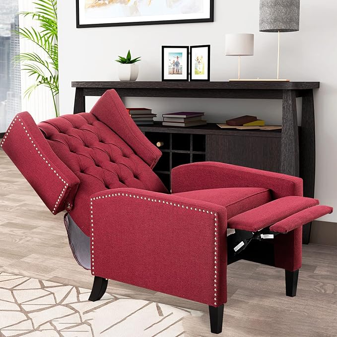 Wine Red Mid Century Modern Recliner Wingback Accent Chair with Push Back Mechanism Button Tufted Fabric Sofa &amp Nailhead Trim - Comfy Living Room Seating for Home Theater Office