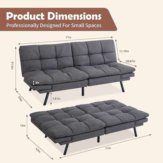 Hcore Futon Sofa Bed Memory Foam Sofa Bed 71 L x 31 W x 16 H Dark Grey