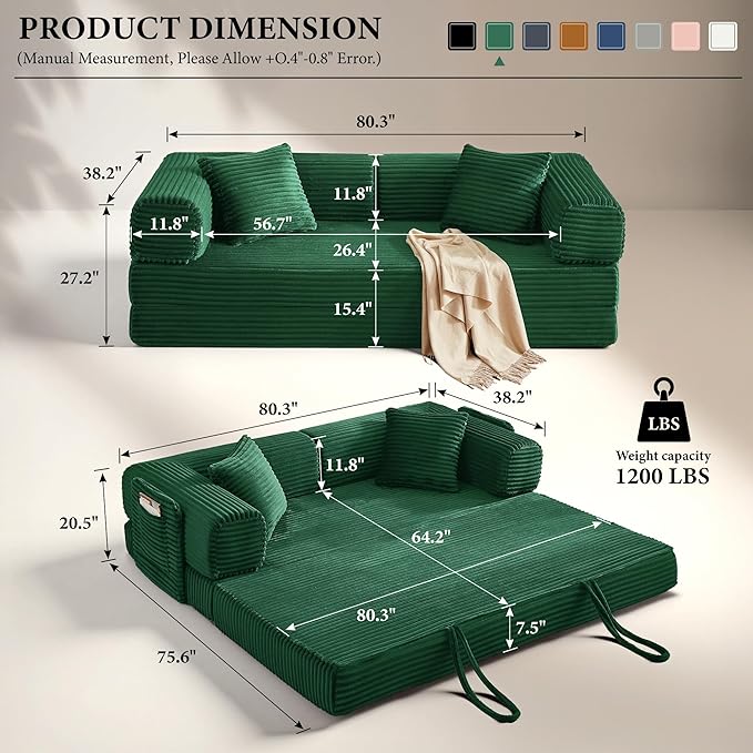 Boneless Couch Futon Sofa Bed Sectional Couches for Living RoomCloud Couch with Sleeper SofaSofas for Living Room Oversized Corduroy Upholstered (Green 81 Inches (with Iron Frame))