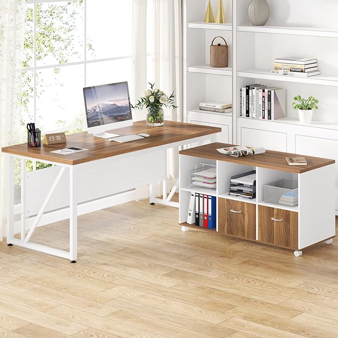 Tribesigns 63-Inch Executive Computer Desk with 47-Inch Lateral File Cabinet Large Workstation Business Furniture L Shaped Desk with Drawers and Storage Shelves for Home Office Walnut &amp White