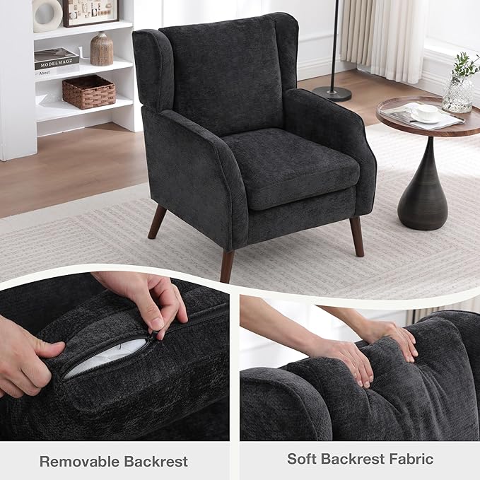 Accent Chair for Living RoomMid Century Modern Wingback Chair for BedroomUpholstered Armchair with Lounge Seat and Wood Legs for Office Apartment Small Room 2PCS Black