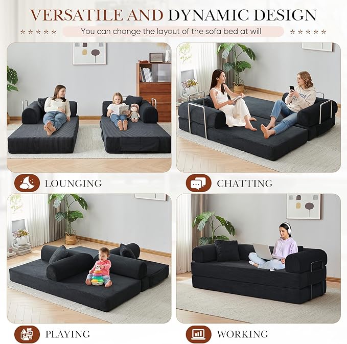 Antetek Modular Couch Bed Convertible Folding Plush Corduroy Comfy Floor Compression Loveseat Sleeper Sofa Couch King Size Bed for Guest Room Living Room Bedroom No Assembly Required Dark Black