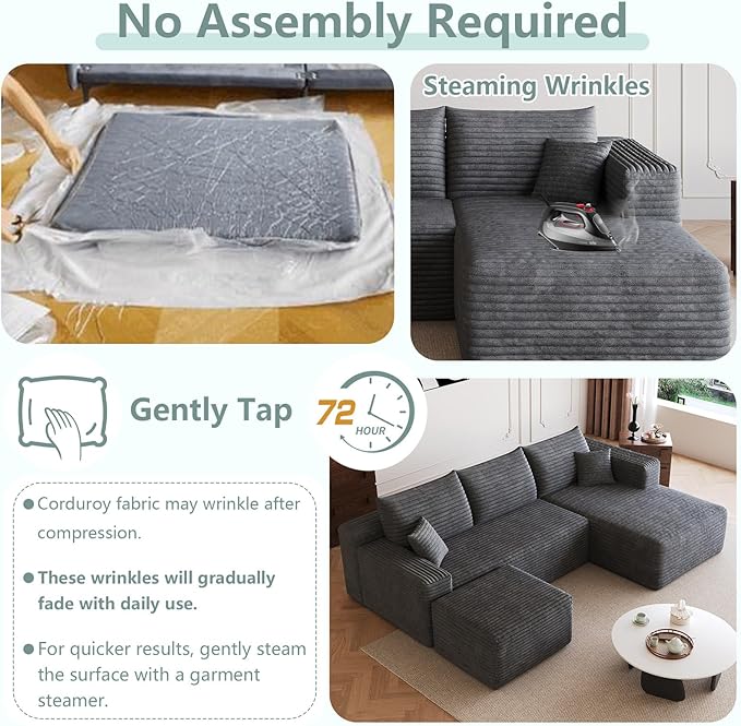 95 Modular Sectional Sofa with Ottoman Modern Corduroy Cloud Couch with Deep Seat Boneless Couch Upholstered 3-Seater U-Shaped Sofa for Living Room No Assembly (Dark GrayRight-Facing Chaise)