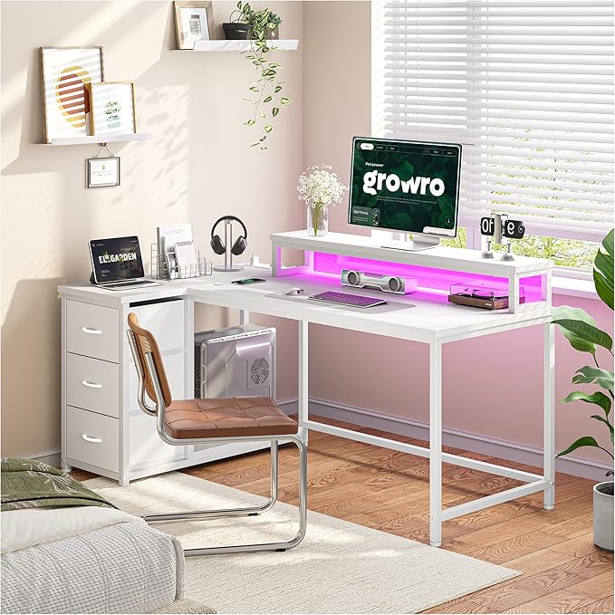EnHomee L Shaped Gaming Desk with 3 Drawers &amp Power Outlet 40Inch White Computer Desk with LED Lights Reversible Office Desk with Monitor Stand for GamingStudy RoomHome OfficeBedroomWhite