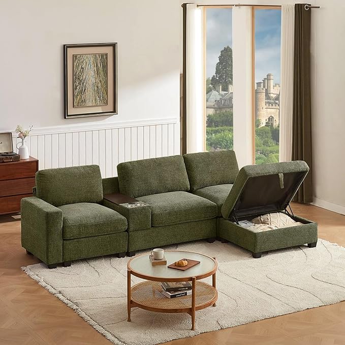 122 Sectional Couch with Console&amp Cup HoldersL Shaped Couch with Convertible Chaise4 Seat Sofa W/Storage OttomanCouches for Living Room and Apartment (Green)