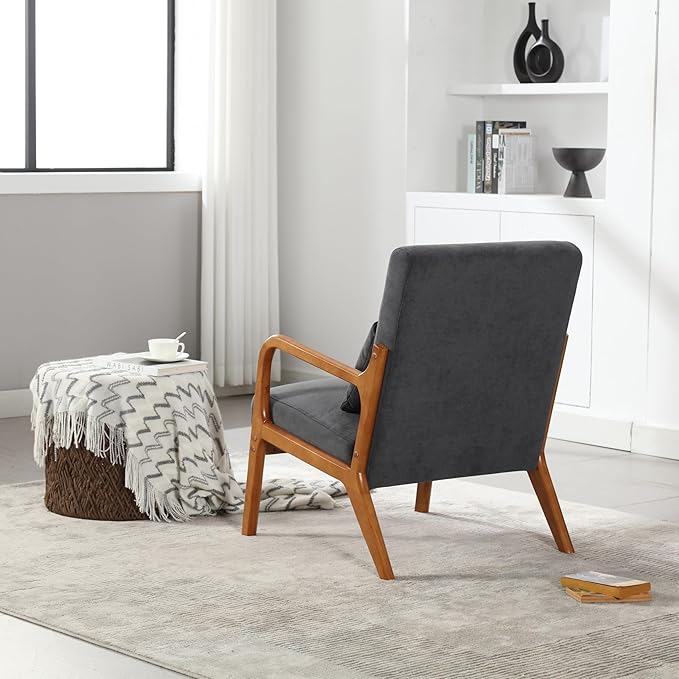Modern Accent Chair Solid Wood Padding Lounge Armchairs with One Pillow for Living Room Bedroom Guest Room (Gray)