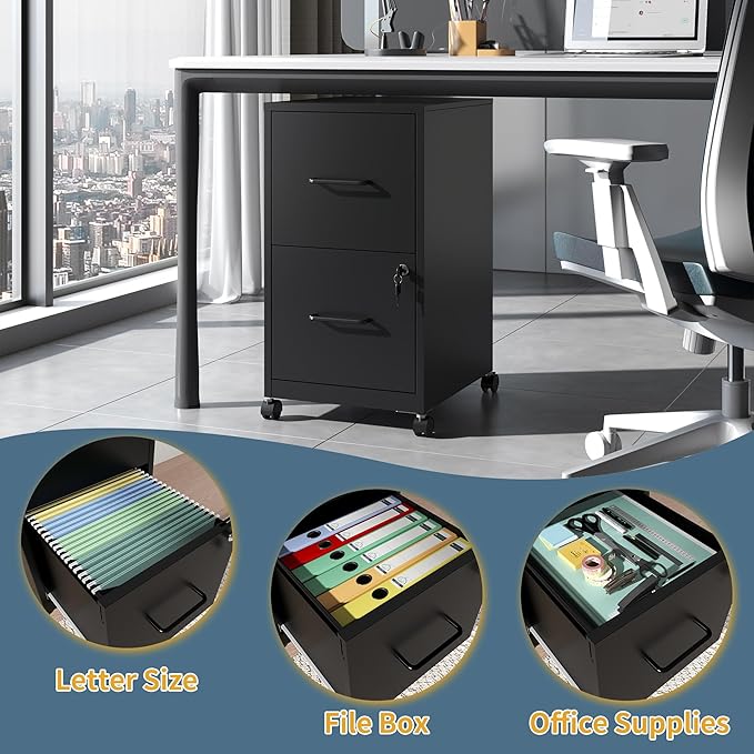 2 Drawer File Cabinet on Wheels Mobile Filing Cabinets with Lock Metal Storage Cabinet Vertical Filing Cabinets for Home Office Rolling File Cabinet for Under Desk Amssebly RequiredBlack