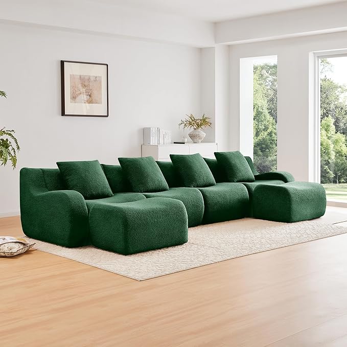 KEIKI 148 U-Shaped Oversized Teddy Modular Sectional Sofa with 2 Ottoman &amp High-Density Foam Cushions &amp Curved Armrest &amp 4 Pillows Streamlined Design Boneless 4-Seater Couch for Living