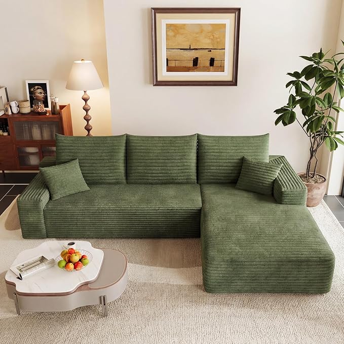95 Cloud Sectional Couch with L-Shape Chaise Modular Comfy Sofa Chaise Longue Upholstered Corduroy Couches Sleeper with Deep Seat for Living Room Bedroom No Assembly Required(Green Right Facing)