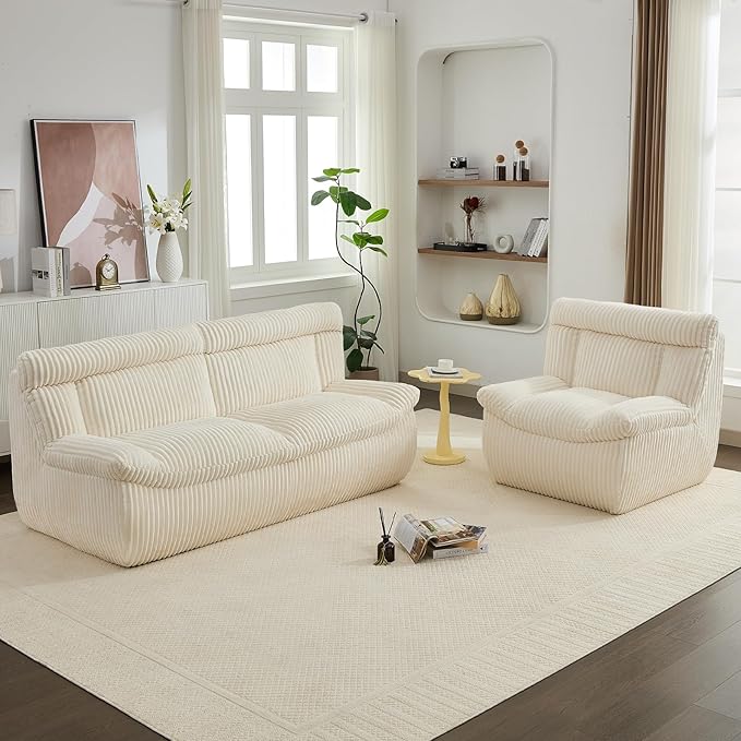 Boneless Loveseat Sofa 82 Corduroy Oversized Cloud Couch 2 Seater with Deep Seat Modern Love Seat Couch with Memory Foam Beige Boneless Couches for Living Room Apartment