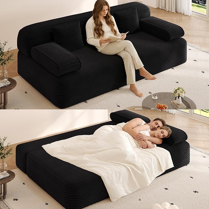 78.7 Queen Convertible Sofa Bed 2-in-1 Corduroy Folding Floor Couch with 3 Pillows Sleeper Sofa for Living Room and Bedroom No Assembly Required (Black)
