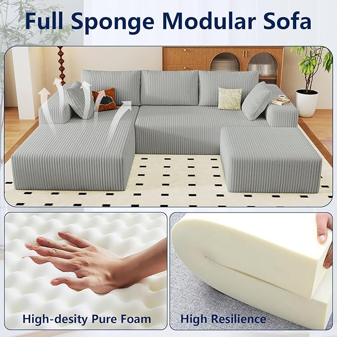 96 Modular Sectional Sofa with Ottoman Modern Corduroy Cloud Couch with Deep Seat Boneless Couch Upholstered 3-Seater U-Shaped Sofa for Living Room No Assembly (Light Grey Left-Facing Chaise)
