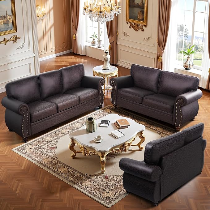 Mid-Century Vintage Sofa Couches with Rivet Design3-Seater SofaRemovable Sofa Cover Upholstered Cushions and Solid Wood Frame (Brown 3-Seater)