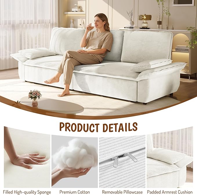 KEIKI 94.5 King-Size 3-in-1 Convertible Sleeper Sofa Oversized Pull-Out Couch with Cloud-Style Deep Seat Corduroy Reclining Loveseat for Home Theater &amp Family Living