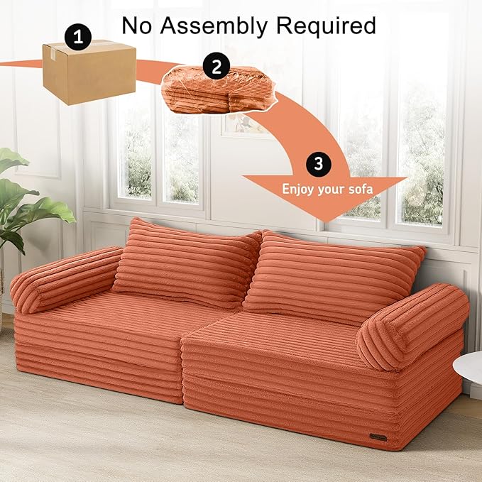 MeMoreCool Convertible Sofa Bed Folding Floor Couch Bed Queen Pull Out Sleeper Couch with Pillows Fold Out Futon Sofa for Bedroom Living Room Small Space Corduroy Orange