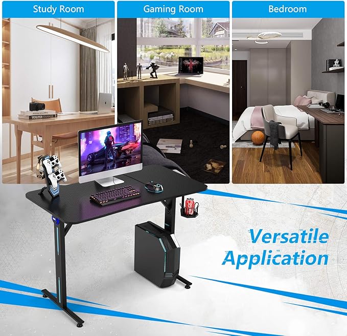 Tangkula Gaming Desk T-Shaped Computer Desk w/Game Controller Stand Cup Holder and LED Light Ergonomic Home Office Game Station with Carbon Fiber Surface (Black)