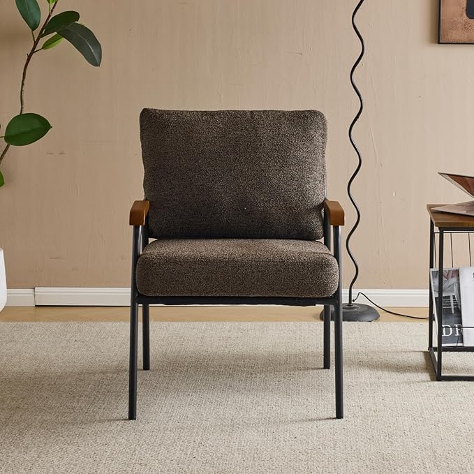 Karl home Accent Chair Modern Armchair with Metal Frame Linen Fabric Upholstory Living Room Chair Mid-Century Reading Chair with Wooden Arms for Living Room Bedroom Reading Room Apartment Brown