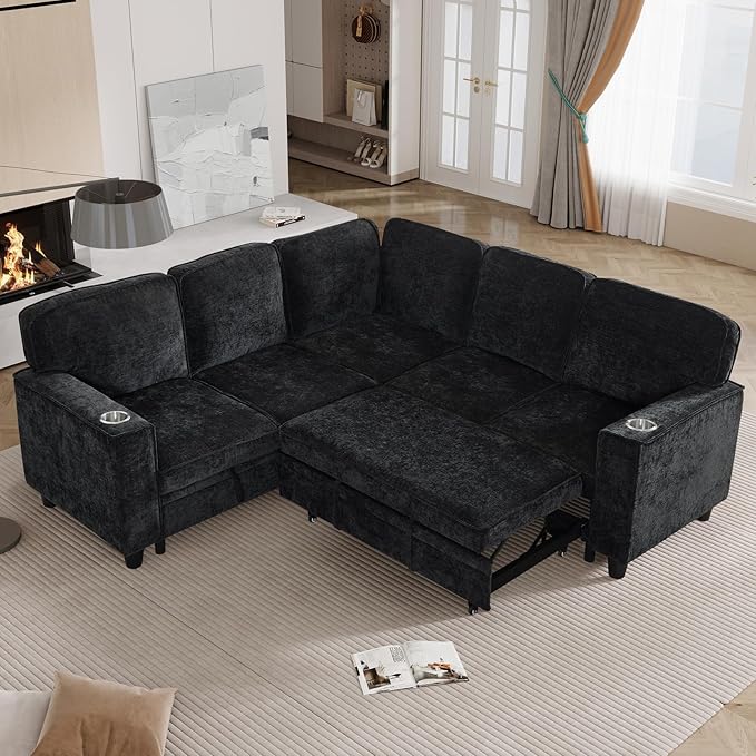 KEIKI 81 L-Shaped Oversized Chenille Modular Sectional Sleeper Sofa with Pull-Out Bed Storage Seat Modern 5-Seater Upholstered Couch Bed with Charging Station Easy Assembly for Living Room Black