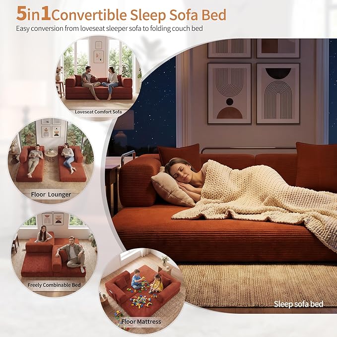 78.8 Convertible Sofa Bed with Armrest Pillow 4-in-1 Sleeper Couch Bed for Livingroom Modular Corduroy Boneless couches No Assembly (Orange)