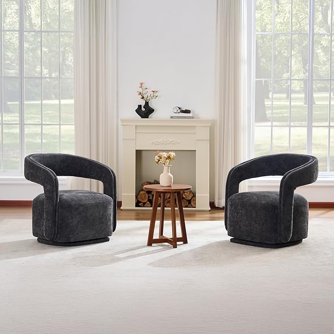 FOXHUNTER Swivel Accent Chair Set of 2 Modern Upholstered Barrel Chair Oversized Round Accent Armchair with Open Back Wooden Base for Living RoomChenil Grey