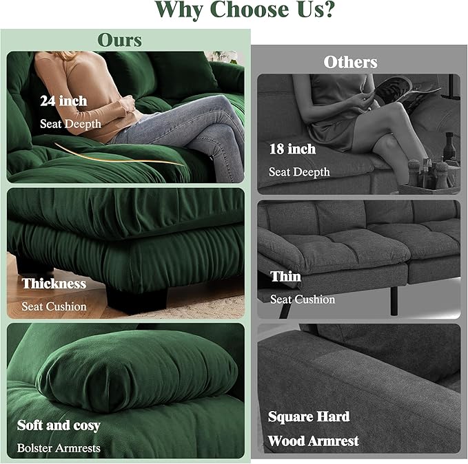Oversized Modular Velvet Sectional Cloud Sofa Couch with Movable OttomanCorner Sofa with Comfortable Armrests Deep Seat Convertible L or U Shaped Couch (Dark Green 2 Seat +2 Ottoman)