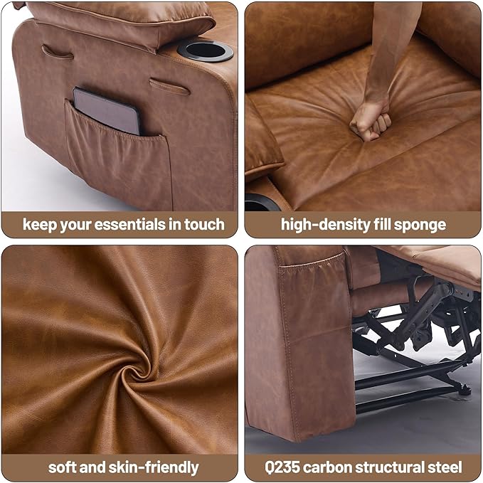 PU Leather Recliner Chair with Heat &amp 8-Point Massage Extra Wide Manual Recliner for Adults q235 Steel Frame Side Pockets 1.5X Comfort Arm &amp Back Lazy Boy Sofa for Living Room or Bedroom