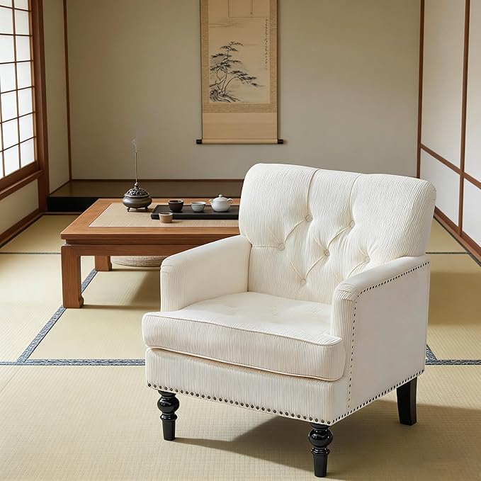 Accent Chair for Living Room Mid-Century Armchairs for Small Spaces Chenille Upholstered Comfy Reading Armchair with Studded for Bedroom (Beige)
