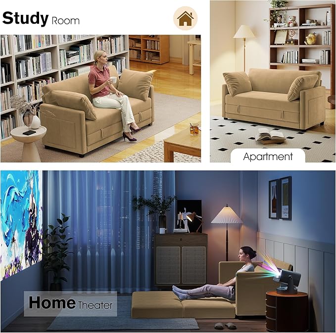 65 Loveseat Sleeper Sofa Bed Corduroy Convertible Sofa Bed for Small Spaces Folding Couch Bed with Deep Seat 2 Pillows &amp Solid Frame Pull Out Floor Couches for Living Room Brown