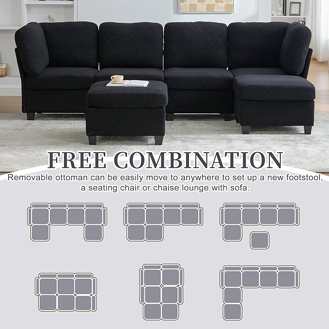 113 U Shaped Modular Sectional Sofa Couch with Storage Ottoman 6 Seat Convertible Upholstered Deep Seat Sleeper Sofa with Chaise Lounge Cloud Couch for Living Room Black