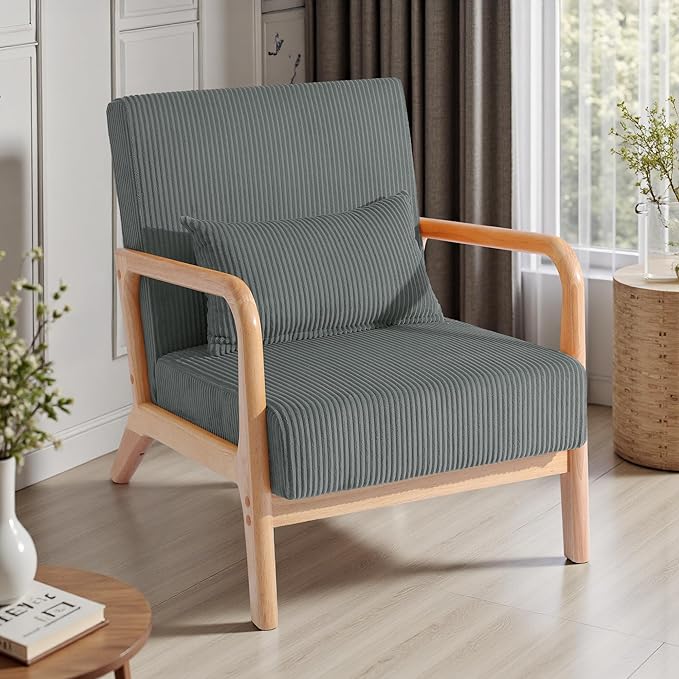 UIXE Accent Chairs Set of 2 Corduroy Upholstered Armchair for Living Room Modern Arm Chair Comfy Single Sofa Bedroom Reading Seat with Lumbar Pillow - Gray