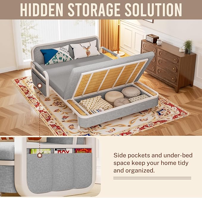62 Pull Out Sofa Bed 3 in 1 Convertible Sleeper Sofa Full Size Loveseat Couch Bed with Storage Trundle and 2 Pillows for Living Room Bedroom Dorm Office RV (Stone Gray-809)