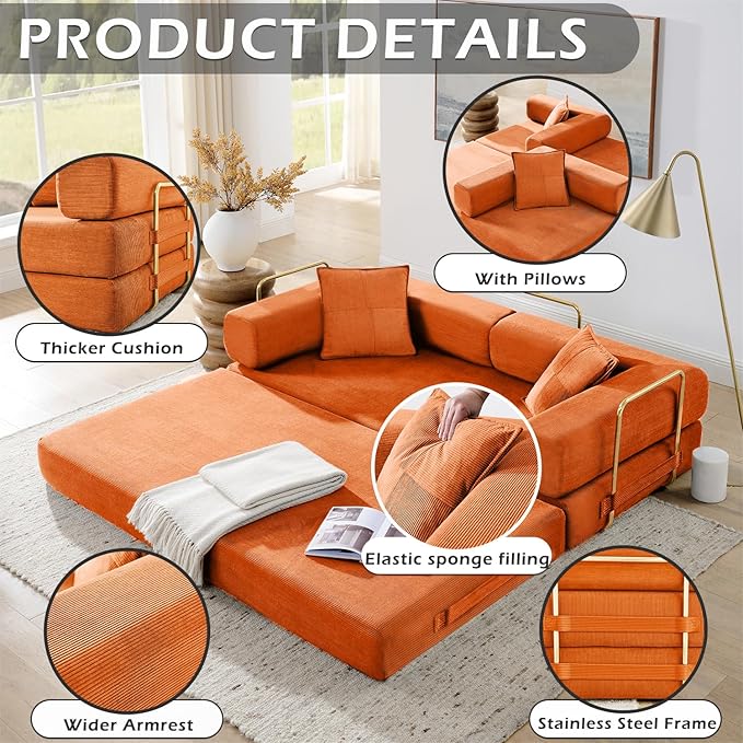 76 Convertible Foldable Sofa Bed Boneless Sleeper Sofa Couch with 2/Pillows Teddy Fabric 2-in-1 Comfy Floor &amp Futon Loveseat Floor Mattress Sleeper for Living Room No Assembly Required
