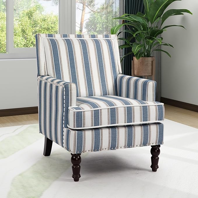 Accent Chair Modern Comfy Mid-Century Accent ChairsLinen Upholstered Lounge Arm Chair with Solid Wood Reading Side Padded Single Sofa for Living Room/Office/Balcony/Bedroom-Blue Stripe