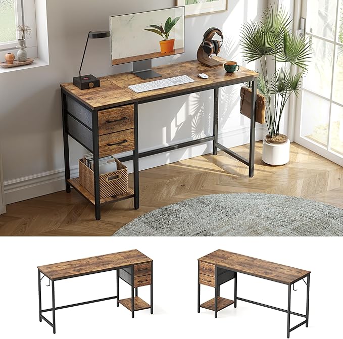 CubiCubi Computer Desk with 2 Drawers 47 Inch Small Home Office Desk Study Writing Table Light Brown