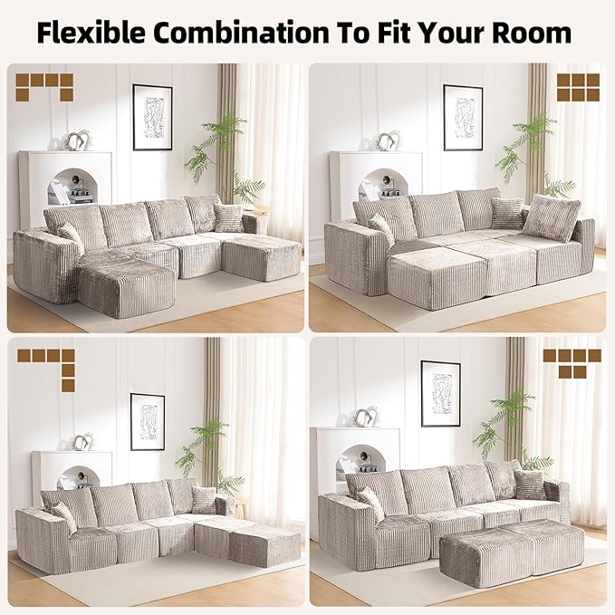124 Modular Sectional Sofa U-Shaped 4 Seater Boneless Couch with 2 Ottomans Modern Cloud Sectional Couch Deep Seat Sofa for Living Room Bedroom Apartment No Assembly Required