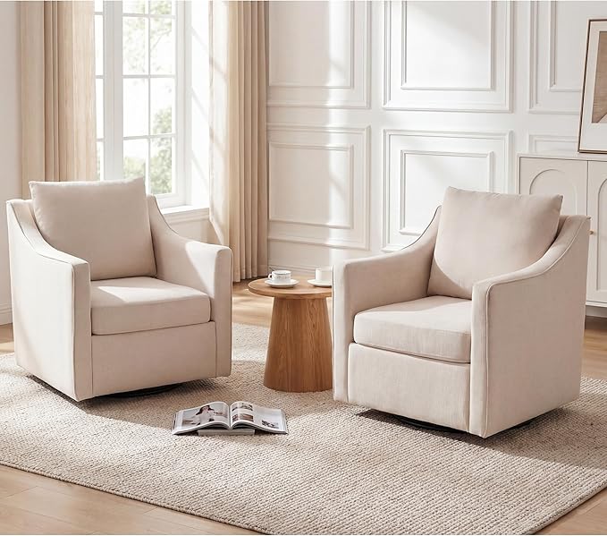ANJ 360° Swivel Accent Chair Set of 2Large Comfy Fabric Reading Chair with Wide Curved Back and Soft Pillows Mid Century Modern Chair for Living Room and Bedroom Wheat