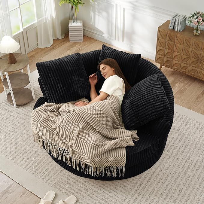 61W Oversized Round Chaise Lounge Chair Indoor Upholstered Corduroy Large Circle Boneless Chair with Deep Seat No Assembly Required Modern Comfy Cloud Sofa Chairs for Living Room Bedroom(Black)