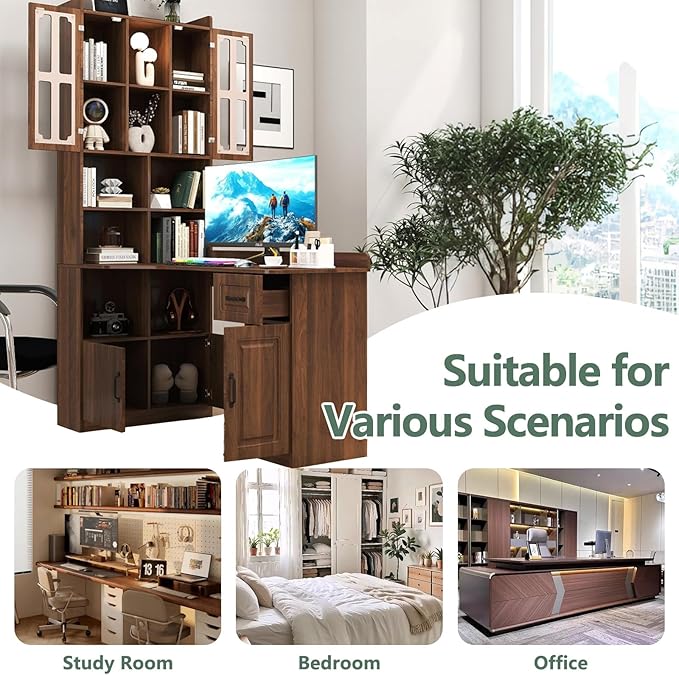 Walnut Corner Desk with Bookshelf 2-in-1 L Shaped Desk with Hutch &amp Drawers Home Office Desk with Shelves &amp Storage Wooden Structure Easy Assembly (Walnut)