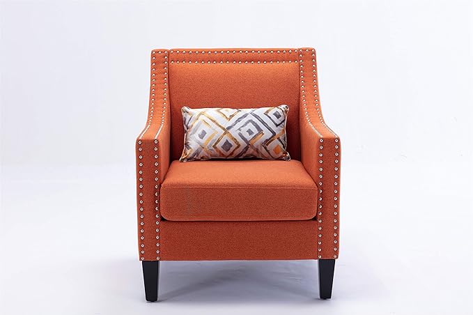 Accent Armchair Living Room Chair with Nailheads and Solid Wood Legs Orange Linen