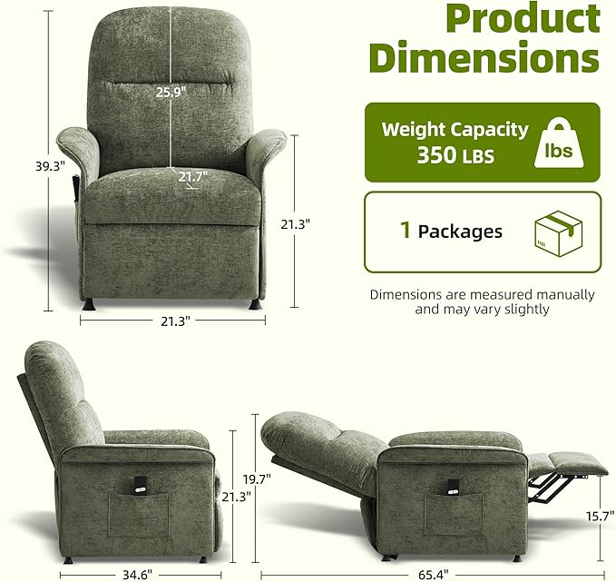 Power Recliner Chair with Remote Control 21 Wide Seat Small Recliners with Side Pocket for Adults Thick Cushions Chair for Living Room &amp Bedroom Green