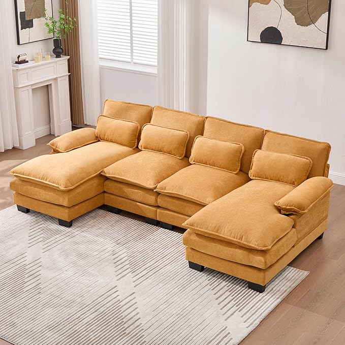 KEIKI 108 U-Shaped Chenille Modular Sectional Chenille Sofa with 2 Movable Ottoman &amp Pillows &amp 2 Side Pocket Oversized 4-Seater Couch with Memory Foam Cushion Easy Assembly for Living Room
